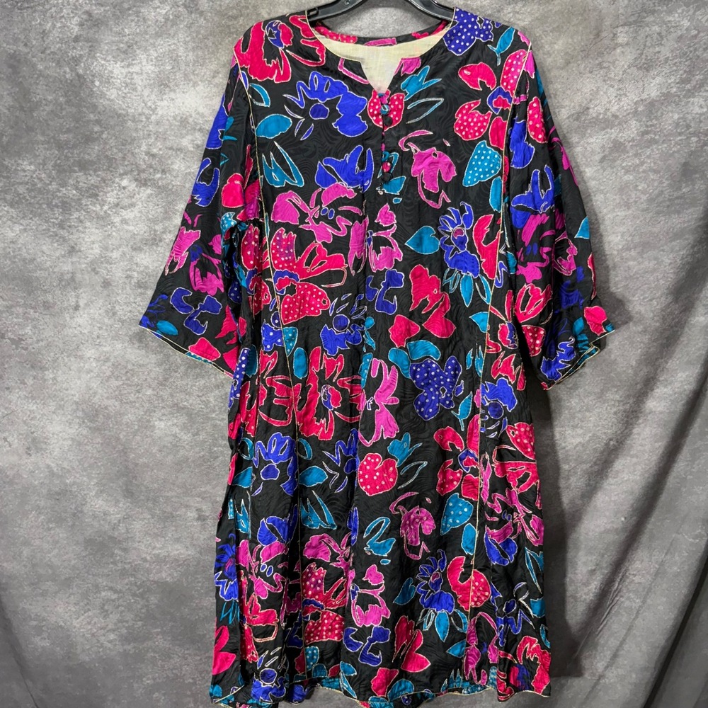 Vintage Abstract Floral Kaftan Shift Midi Dress Size L Black Colorful Funky Silk